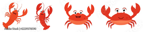 Set of cute hand drawn watercolor illustrations featuring red lobsters and crabs isolated on a white background