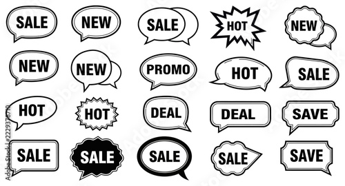 Collection of hand drawn speech bubbles with promotional text for retail sales and marketing business advertisements