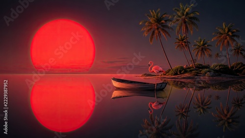 Tropical island sunset with giant glowing red sun, flamingo standing in wooden boat, palm trees and calm ocean reflection