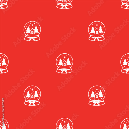 White Snow Globe Red Christmas Seamless Pattern. Hand drawn snowglobe with winter house and pine trees repeat pattern on vibrant red background.