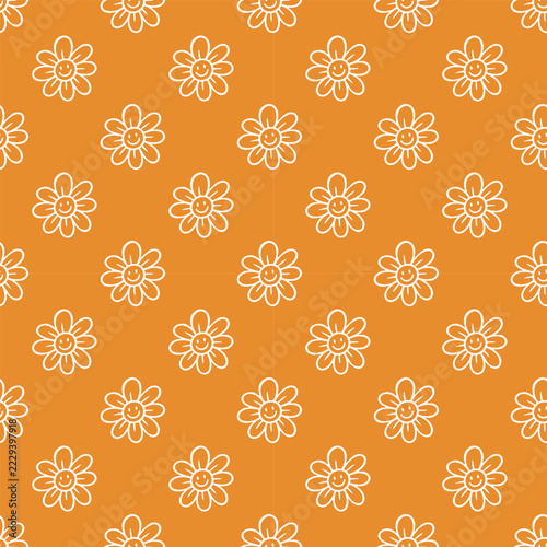 Retro Daisy Flower Smiley Face Orange Seamless Pattern. Cute white flower head with happy smile repeat pattern on bright orange background.