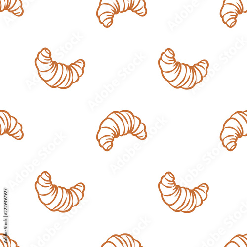 French Butter Croissant Bakery Seamless Pattern. Hand drawn golden brown croissant pastry repeat pattern on white background for cafe and breakfast design.