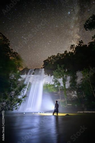 Milky Way Above Huai Luang Waterfall with Explorer Silhouette