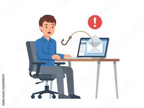 A frightened man sitting at his office desk confronts a dangerous cyber attack while opening a malicious phishing email on his laptop computer containing a hidden fishing hook