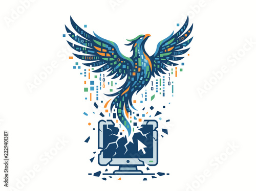 A majestic mythical phoenix bird made of glowing binary code soaring upward from a shattered computer monitor screen symbolizing rebirth and technological transformation in the digital age
