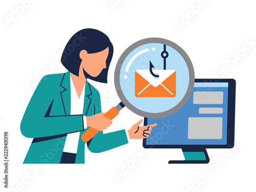 A dedicated female employee carefully examines suspicious emails using a magnifying glass to detect fraudulent phishing scams and protect corporate network systems from malicious cyber attacks