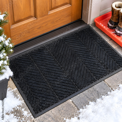 Non slip entrance mat at snowy front door with boot tray