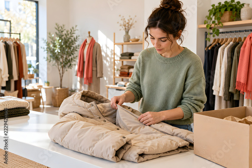 Retail employee inspecting returned winter coat at store counter