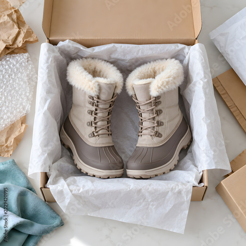 Pair of winter boots repacked in box for online return