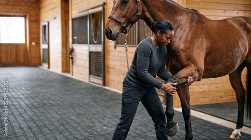 Veterinarian prepares a horse foreleg in stable aisle