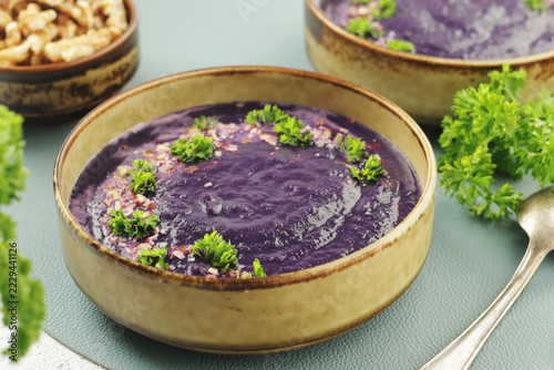 Fotografie Red cabbage cream soup - traditional dish of Norwegian cuisine