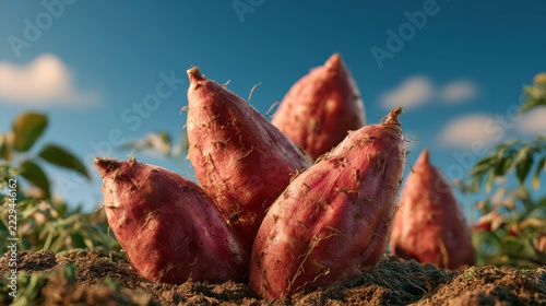 Sweet Potato Harvest: A cluster of ripe sweet potatoes emerges from rich, dark soil under a clear blue sky, showcasing nature's bounty.