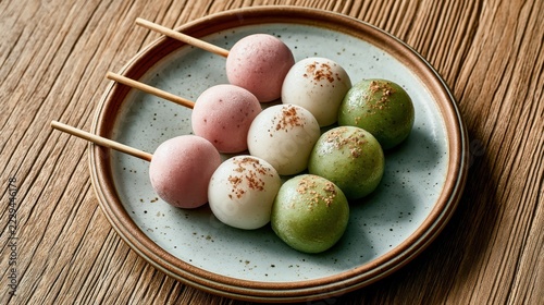 Dango Delight: A colorful assortment of Japanese Dango, featuring three distinct flavors – strawberry pink, creamy white, and matcha green – are artfully presented on skewers atop a ceramic plate.