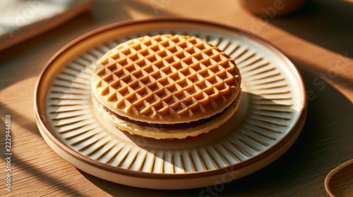 Crispy Wafer Sandwich: A close-up shot captures a delectable wafer sandwich filled with a creamy filling, presented on a rustic ceramic plate, inviting a moment of sweet indulgence.