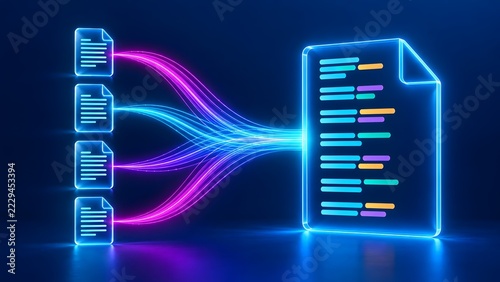 Glowing neon fiber optic streams converging multiple digital files into a central master document illustrating automated data integration and secure archiving.