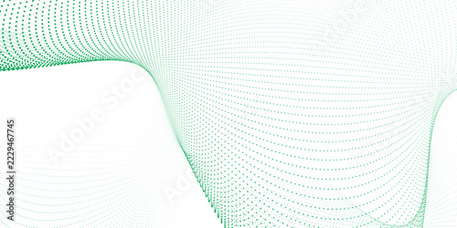 Abstract green dot particle wave background, modern tech dotted line vector illustration, minimalist digital data dynamic wave pattern