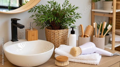 Modern bathroom sink countertop displays essential hygiene items for daily grooming.