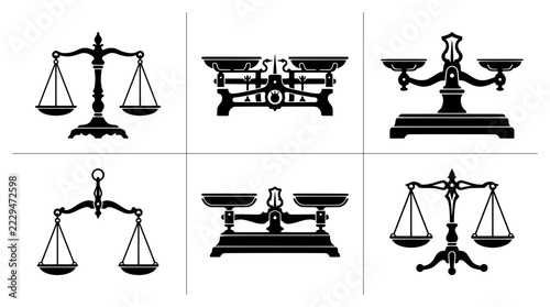 Fotografie Scales of justice silhouettes set with balance and weight symbols for law and bu