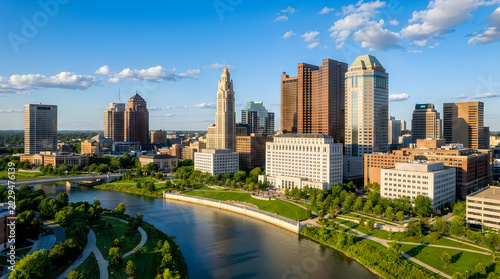 Modern city skyline with skyscrapers along a river and green park