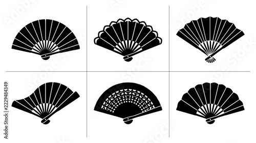 Obraz na plátně Japanese fan silhouettes set with traditional folding accessories for culture an