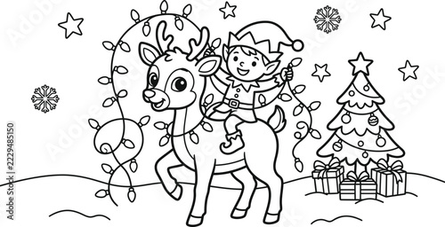 Cheerful elf riding on reindeer wrapped in string lights near christmas tree with celebration coloring monochrome illustration character creative activity