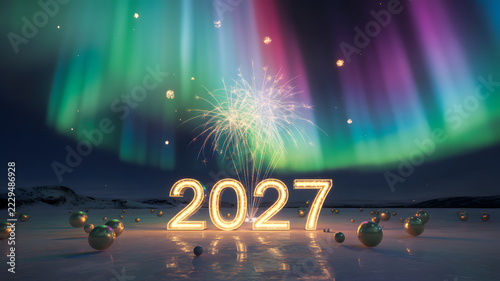2027 illuminated with fireworks and aurora borealis over frozen landscape