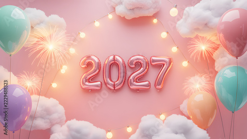 Festive 2027 balloons with soft clouds and warm string lights celebrating new year