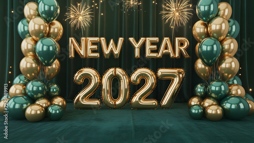 Golden and emerald balloons celebrating the year 2027 with sparkling fireworks overhead