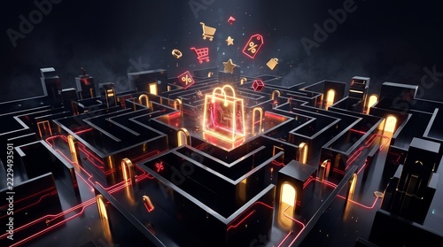 Black Friday shopping maze with glowing neon shopping bag and discount symbols
