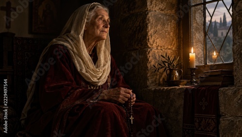 Elderly Christian woman holding rosary beads in prayer beside candlelight in an ancient stone chapel
