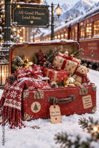 Vintage Christmas suitcase filled with festive gifts beside a holiday train in a snowy mountain village