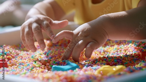 Close-Up of Toddler Hands Exploring Rainbow Sensory Rice Bin with Animal Figurines in Montessori Early Childhood Activity