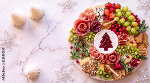 白い大理石テーブルの上のクリスマスシャルキュトリーボード　クリスマススナック　クリスマスの前菜