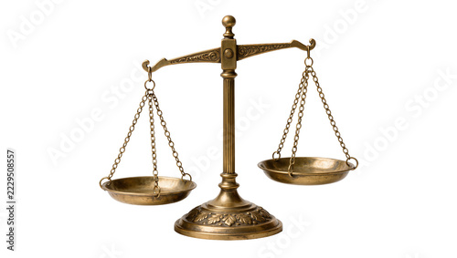 Obraz na plátně Antique brass balance scale with ornate base, isolated on transparent background