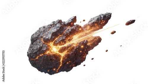 Fiery molten asteroid fragment with glowing cracks, isolated on transparent background