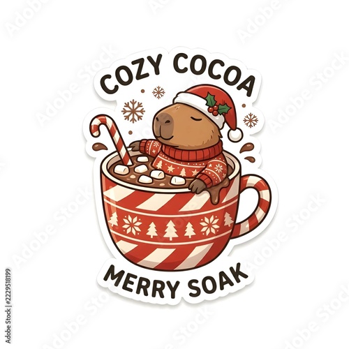 Cute Capybara Relaxing in Hot Cocoa Cup Christmas Sticker Illustration
