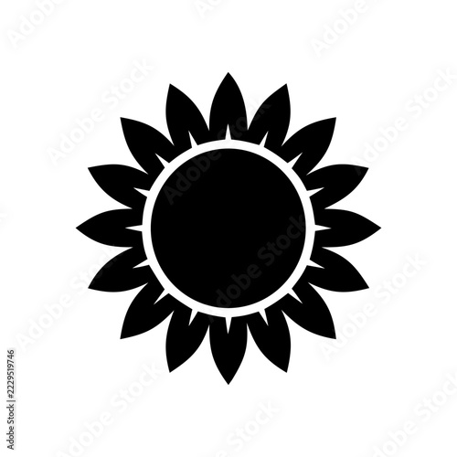 A black silhouette of a sunflower displays a central disk and radiating petals floral blossom