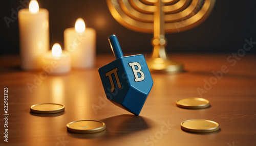 Dreidel spinning on wooden table during Hanukkah celebration, joy
