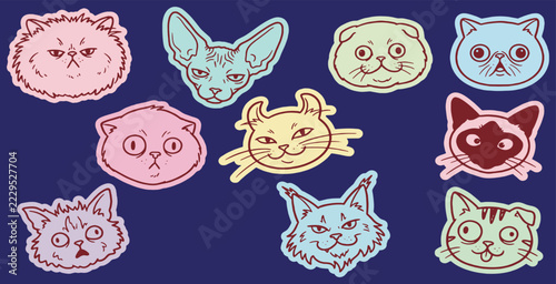 Obraz na plátně A collection of diverse cartoon cat faces with different expressions and breeds
