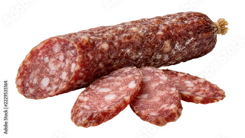 Obraz na plátně Whole and sliced dry cured salami sausage with marbled texture, isolated on tran