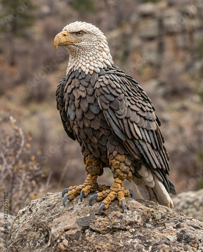 Majestic Bald Eagle Stone Pebble Art Sculpture Perched on Rock - Realistic Mosaic Craft