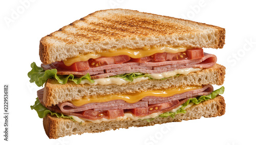 Triple decker ham and cheese sandwich with lettuce and tomato, isolated on transparent background