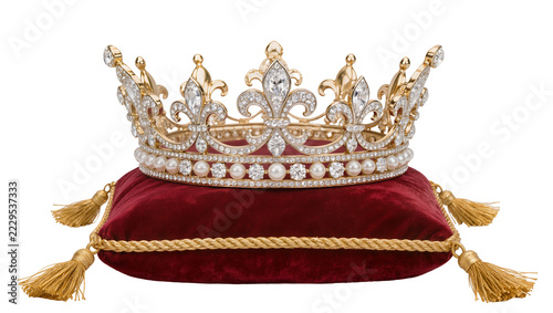 Obraz na plátně Ornate gold crown with diamonds and pearls on red velvet cushion, isolated on tr
