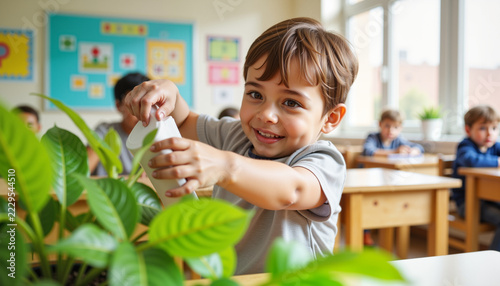 Young boy watering a potted plant in a classroom at school  