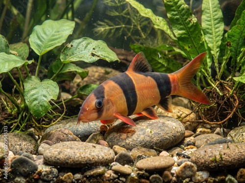 Clown loach fish with orange red black stripes swimming near rocks