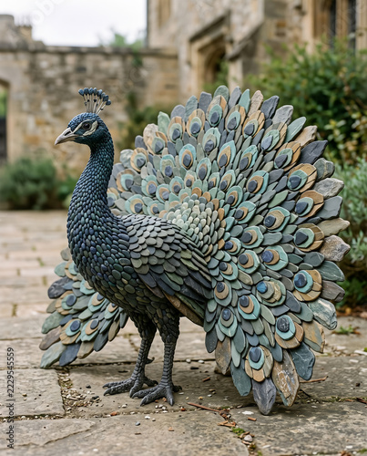 Magnificent Peacock Stone Pebble Art Sculpture with Fanned Tail - Realistic Mosaic Craft  
