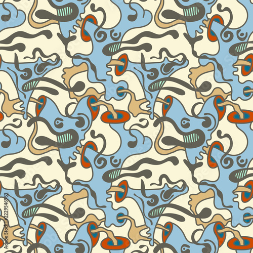 Psychedelic Abstract Seamless Pattern, Organic Fluid Doodle Shapes
