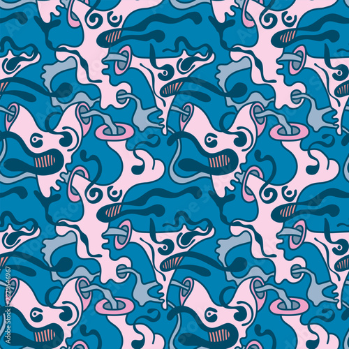 Psychedelic Abstract Seamless Pattern, Organic Fluid Doodle Shapes