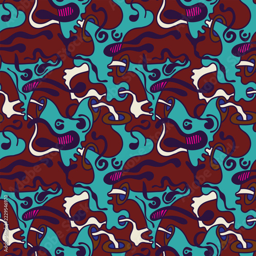 Psychedelic Abstract Seamless Pattern, Organic Fluid Doodle Shapes