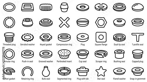 Various types of industrial seals gaskets and rings for technical equipment and plumbing applications with component